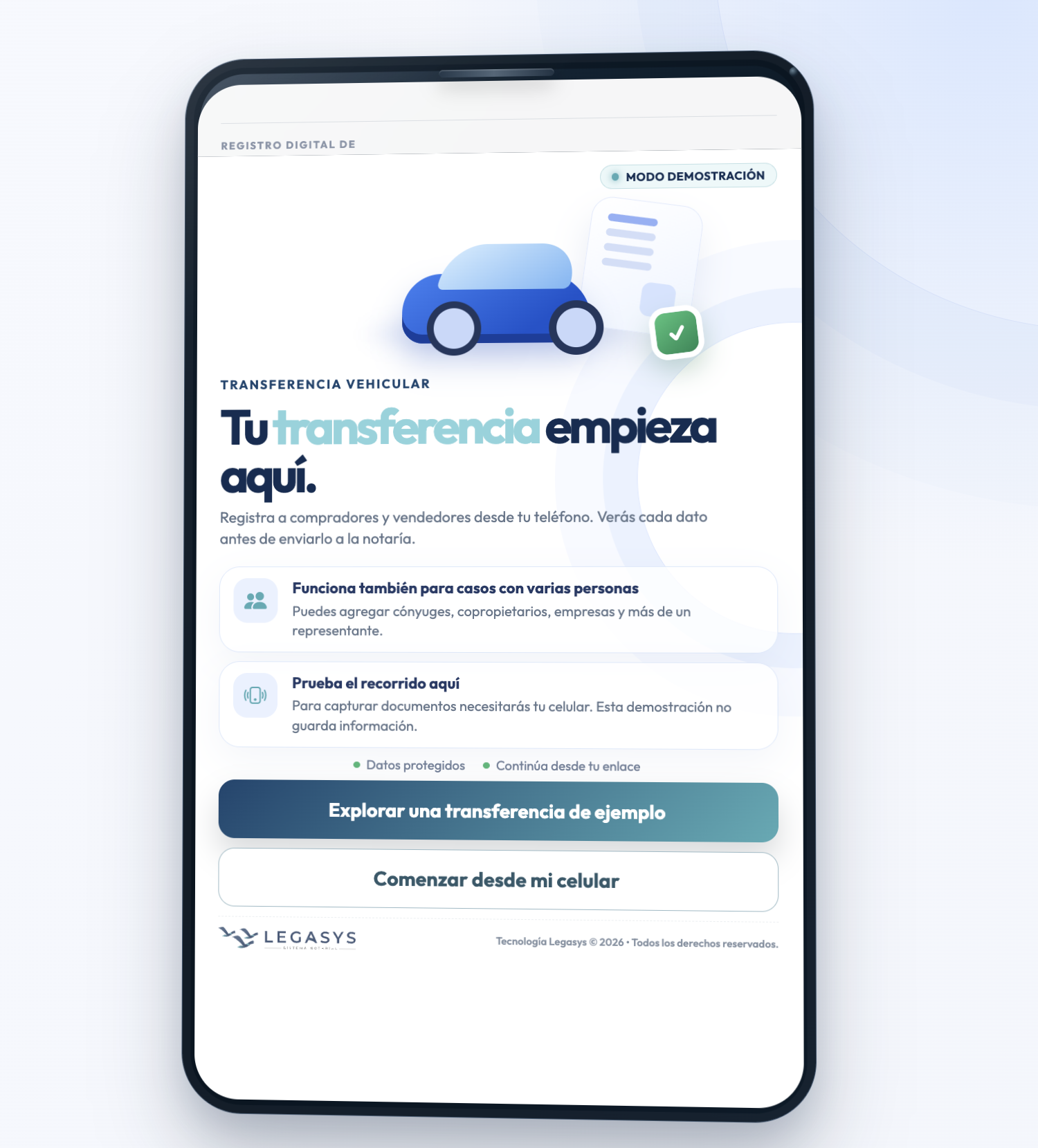 Vista del Registro Vehicular Digital de Legasys IA en un celular